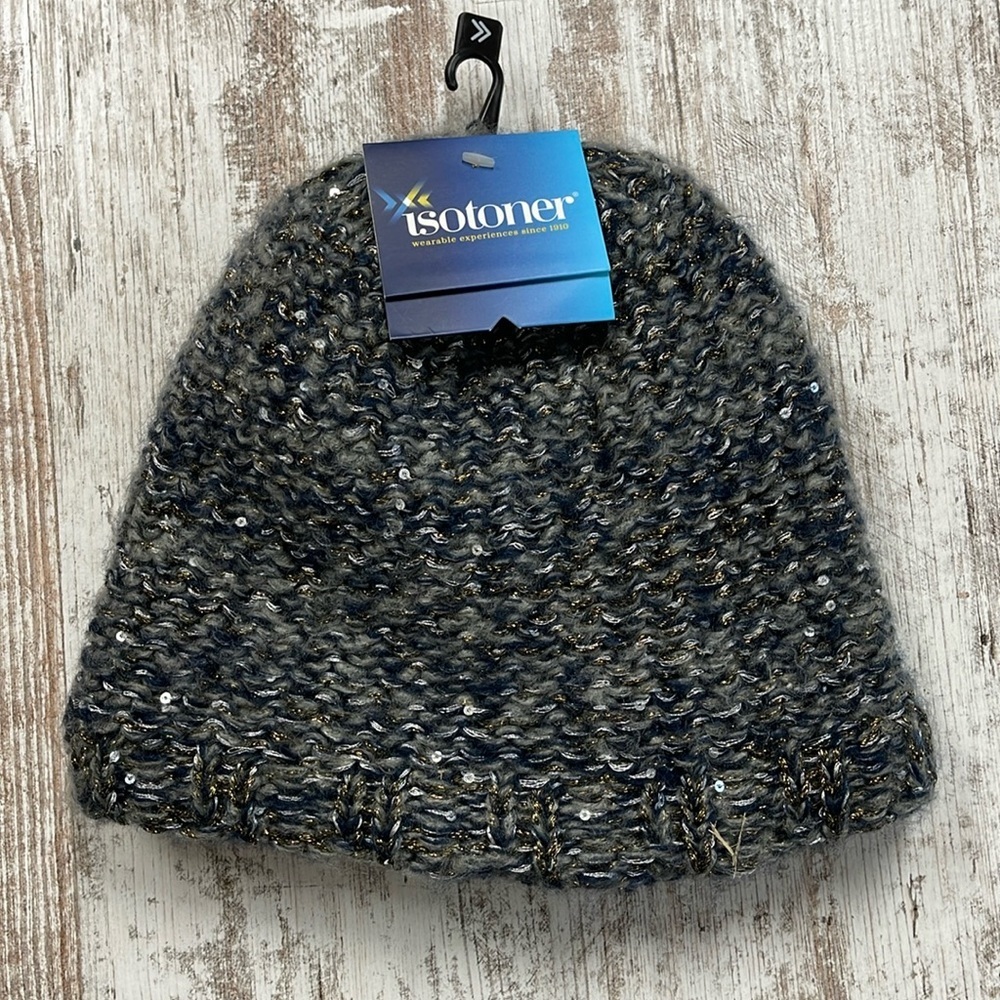 Isotoner NWT Blue Patterned Sequin Lined Winter Hat